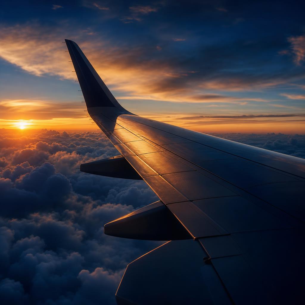 Airplane wing above the clouds at sunset